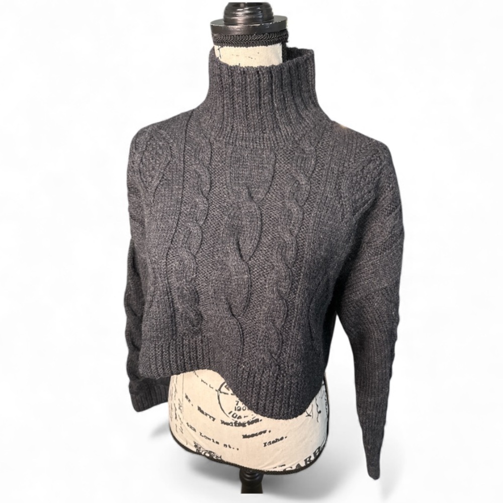 INC Black 100% Wool Cropped Cable Knit Chunky Turtleneck Sweater Sz M EUC